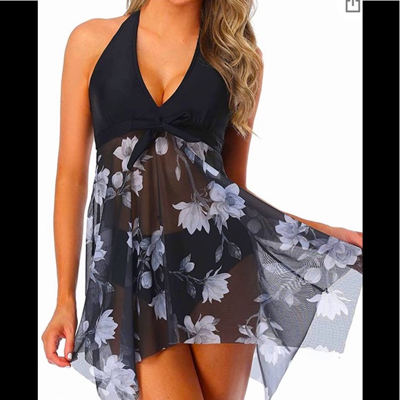 HOLIPICK Other - Women halter top Swim Dress sheer napkin hem W/ Tummy Control bottoms